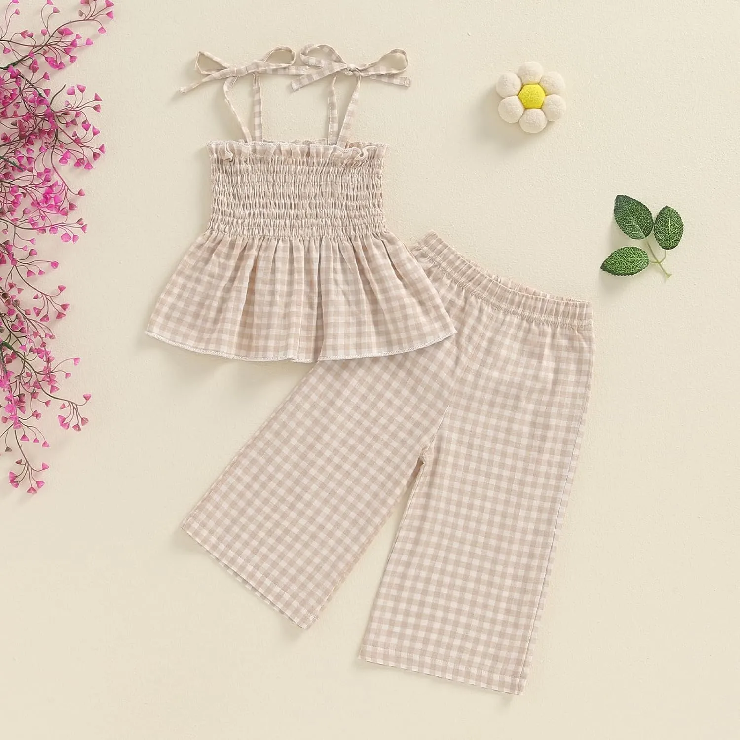 VISGOGO Infant Baby Toddler Girls Clothes Solid Color Sleeveless Camisole Linen Pants Set Baby Summer Outfits