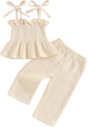 VISGOGO Infant Baby Toddler Girls Clothes Solid Color Sleeveless Camisole Linen Pants Set Baby Summer Outfits