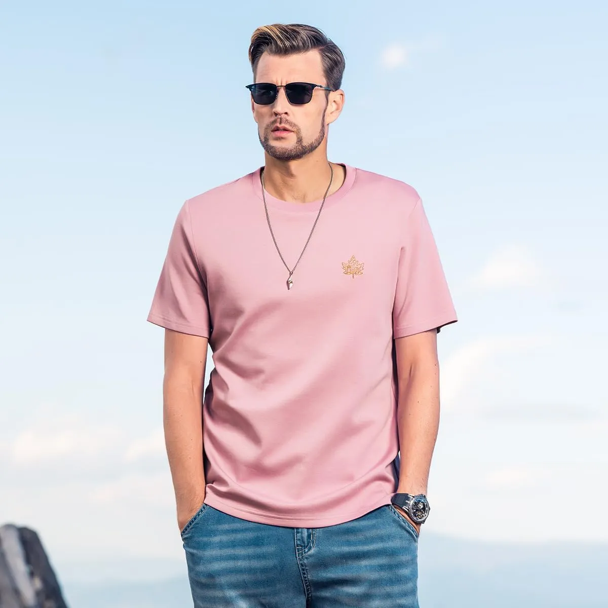 Water-Light Ultra-Soft Lanjing Modal air Layer 250G Heavy Short-Sleeved T-Shirt Men's Versatile Embroidered T-Shirt Dark Pink