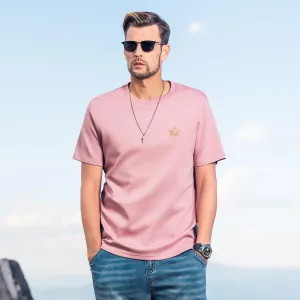 Water-Light Ultra-Soft Lanjing Modal air Layer 250G Heavy Short-Sleeved T-Shirt Men's Versatile Embroidered T-Shirt Dark Pink