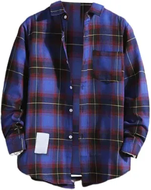 Winter Coat Men Plaid Lapel Button Long Sleeve Shirt Tops Men's Cardigan Coat with Zipper Shirt Plaid Cotton