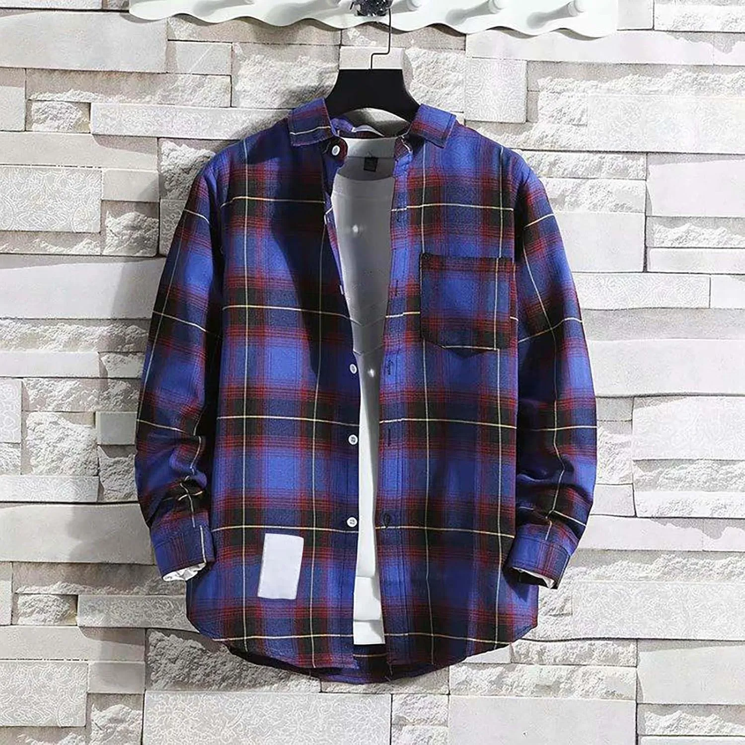 Winter Coat Men Plaid Lapel Button Long Sleeve Shirt Tops Men's Cardigan Coat with Zipper Shirt Plaid Cotton