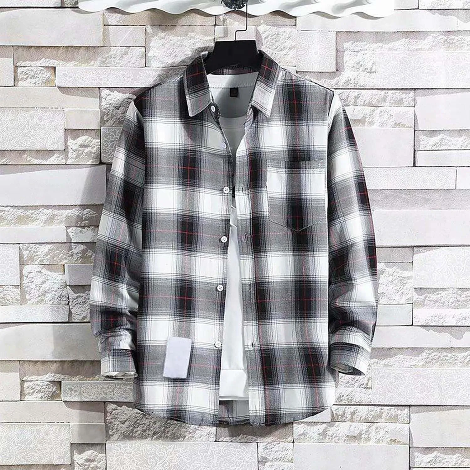 Winter Coat Men Plaid Lapel Button Long Sleeve Shirt Tops Men's Cardigan Coat with Zipper Shirt Plaid Cotton