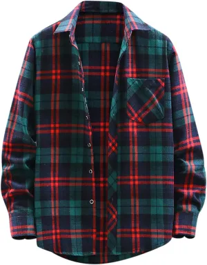 Winter Coat Men Plaid Square Printing Lightweight Breathable Long Sleeve Lapel Formal Shirt Shirt Plaid Cotton