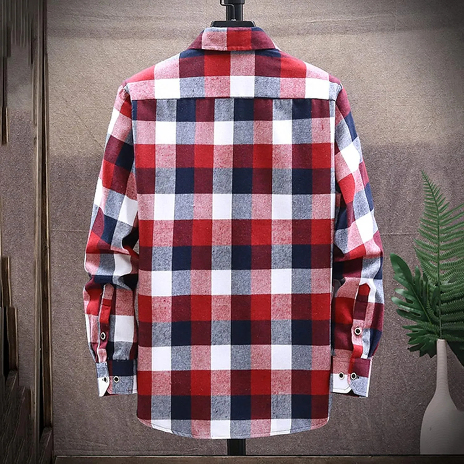 Winter Coat Men Plaid Square Printing Lightweight Breathable Long Sleeve Lapel Formal Shirt Shirt Plaid Cotton