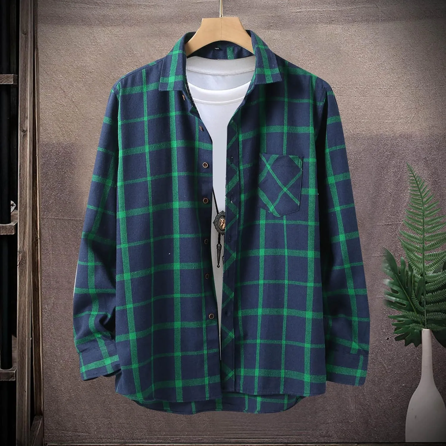 Winter Coat Men Plaid Square Printing Lightweight Breathable Long Sleeve Lapel Formal Shirt Shirt Plaid Cotton
