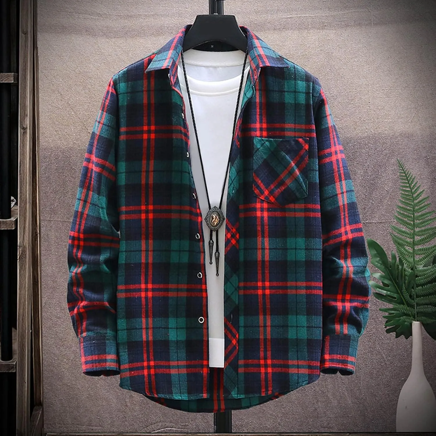 Winter Coat Men Plaid Square Printing Lightweight Breathable Long Sleeve Lapel Formal Shirt Shirt Plaid Cotton
