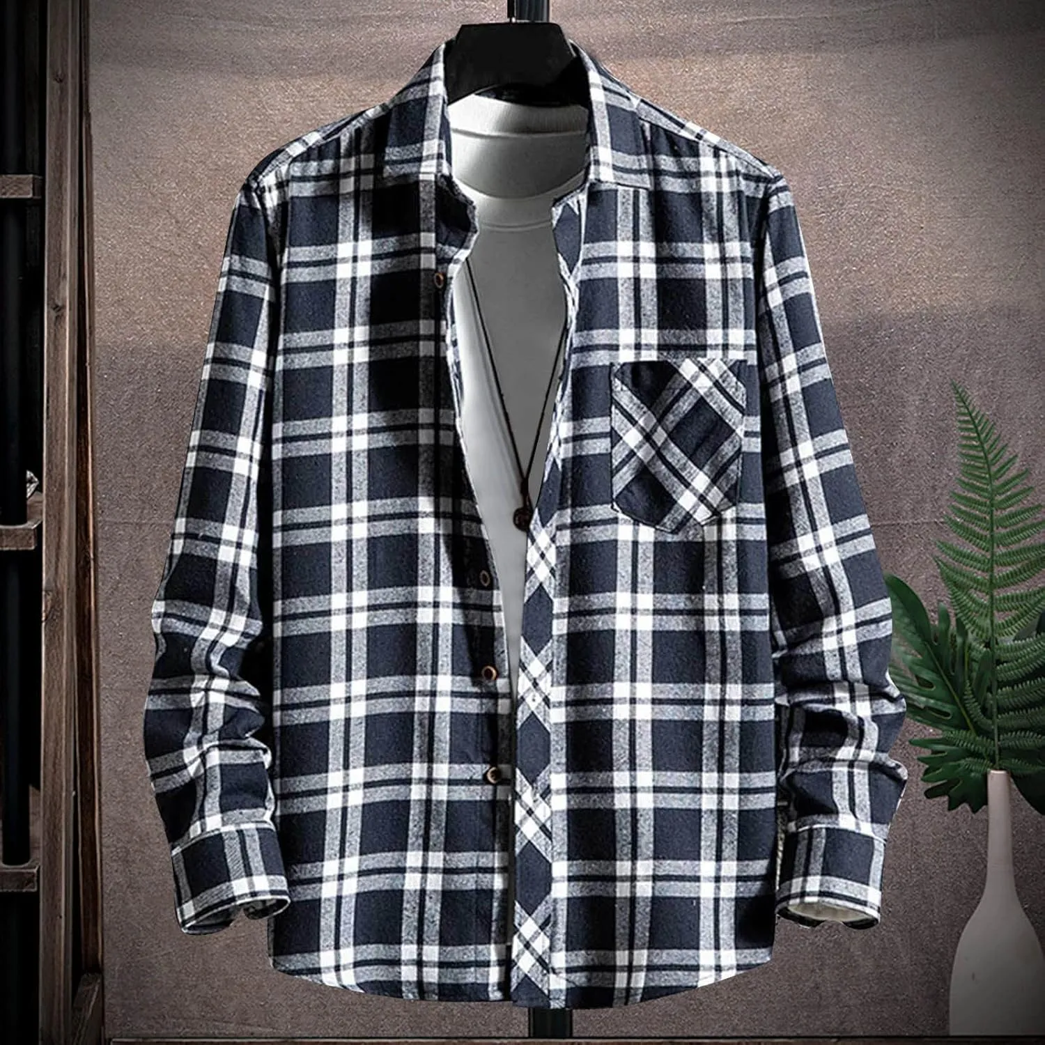Winter Coat Men Plaid Square Printing Lightweight Breathable Long Sleeve Lapel Formal Shirt Shirt Plaid Cotton