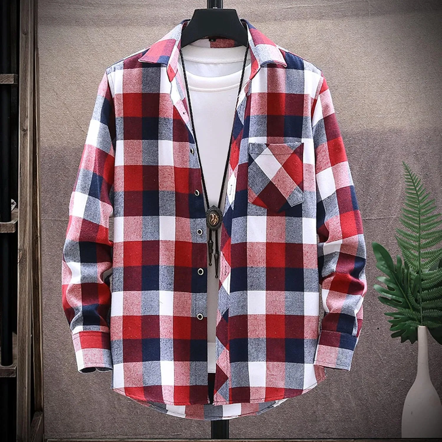 Winter Coat Men Plaid Square Printing Lightweight Breathable Long Sleeve Lapel Formal Shirt Shirt Plaid Cotton