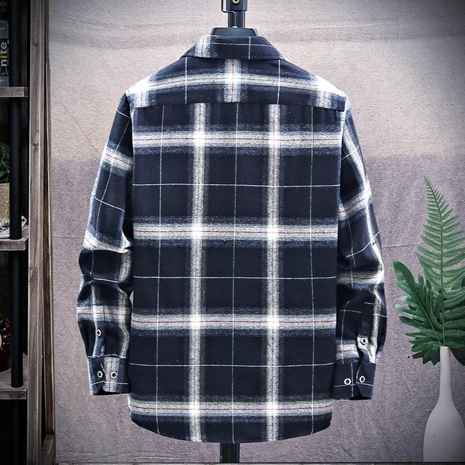 Winter Coat Men Plaid Square Printing Lightweight Breathable Long Sleeve Lapel Formal Shirt Shirt Plaid Cotton