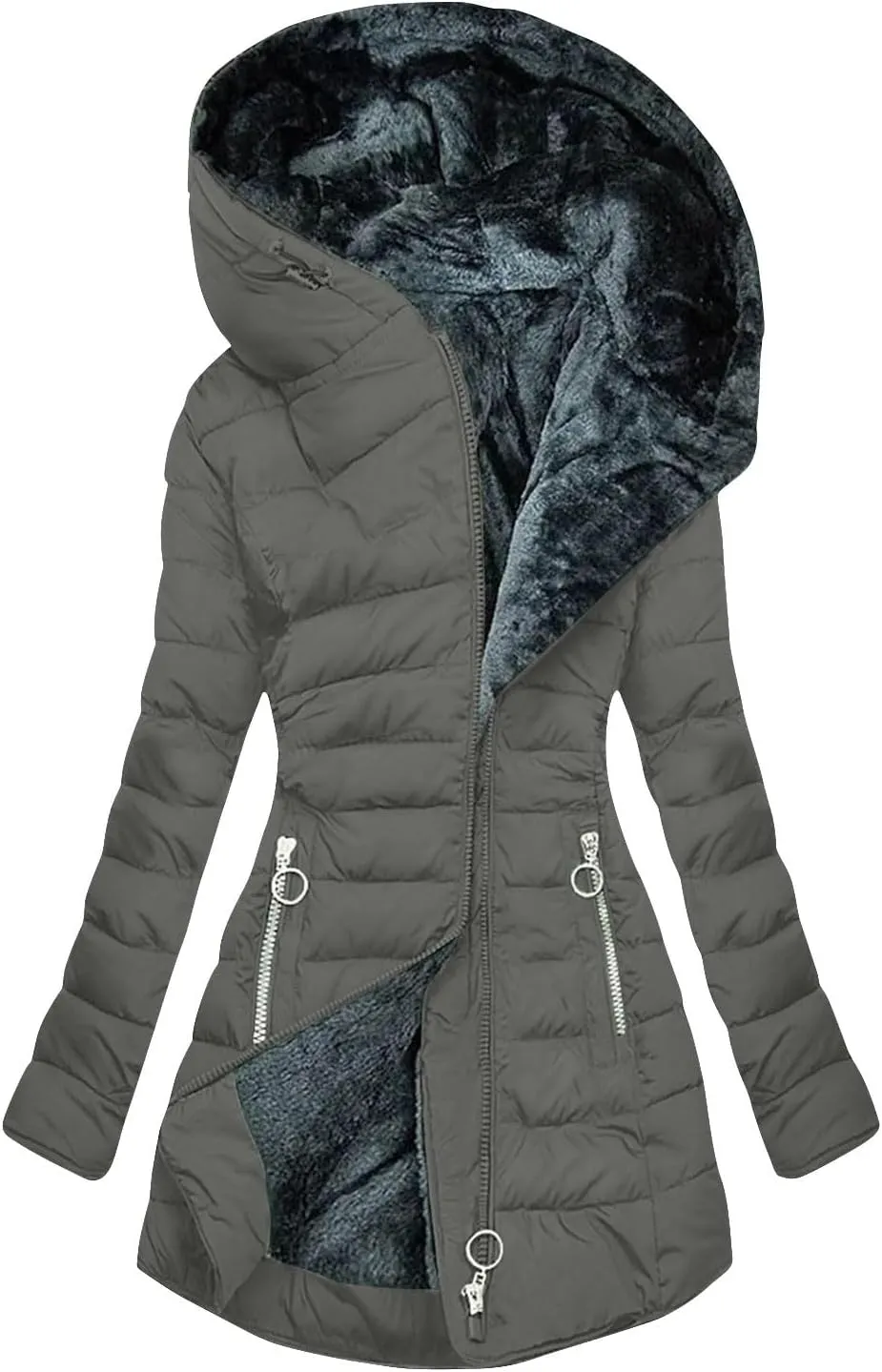 Winter Coats for Women Fleece Lined Sherpa Jackets with Faux Fur Hood Thicken Puffer Jackets Long Sleeve Down Coats