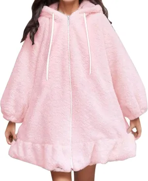 Winter Coats for Women Fuzzy Fleece Puffer Jacket Fashion Cute Hooded Zipper Padded Coat Soft Comfy Long Sleeve Outwear