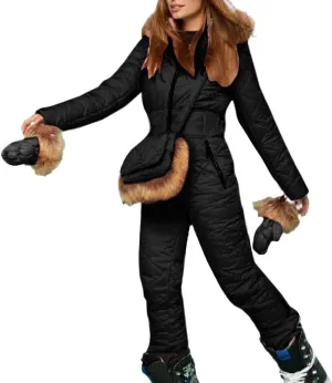 Winter Ski Jumpsuit Down Coats Women Outdoor Puffer Onesie Jackets Hooded Warm One-Piece Zip Up Padded Quilted Coat