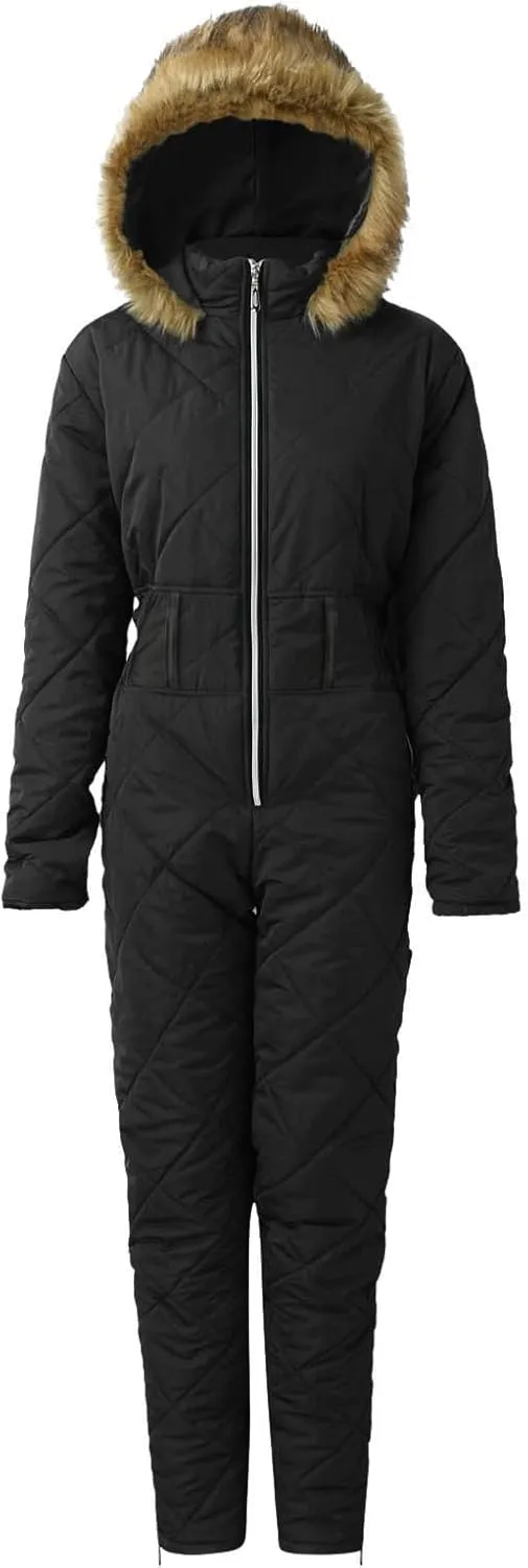 Winter Ski Jumpsuit Down Coats Women Outdoor Puffer Onesie Jackets Hooded Warm One-Piece Zip Up Padded Quilted Coat