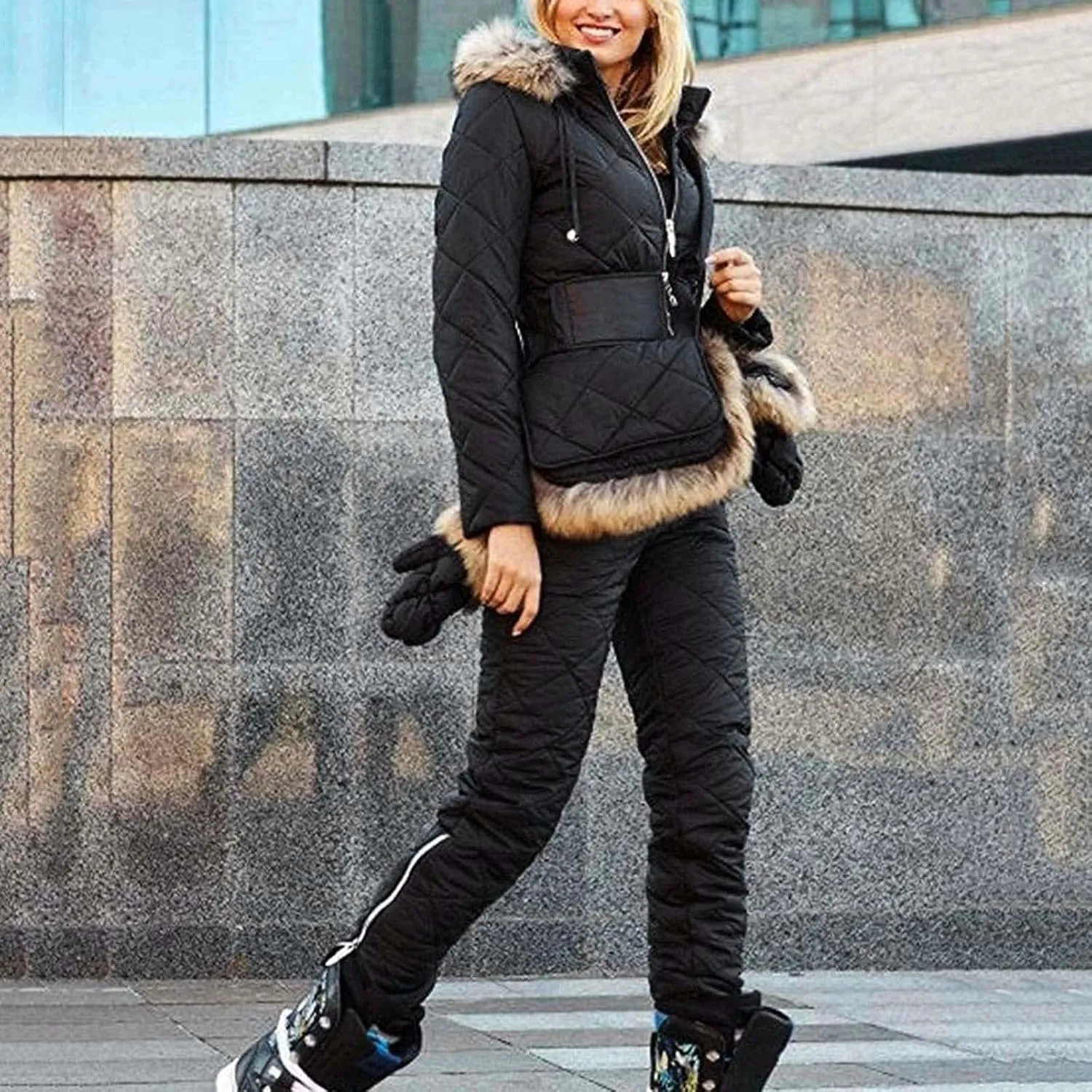 Winter Ski Jumpsuit Down Coats Women Outdoor Puffer Onesie Jackets Hooded Warm One-Piece Zip Up Padded Quilted Coat