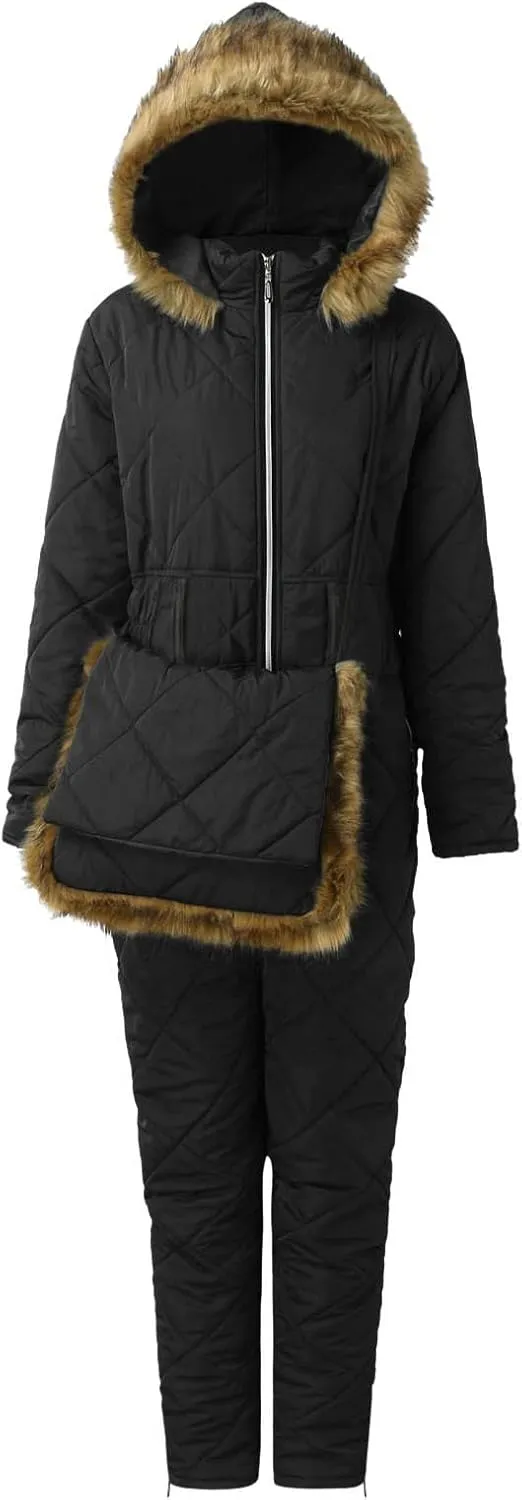 Winter Ski Jumpsuit Down Coats Women Outdoor Puffer Onesie Jackets Hooded Warm One-Piece Zip Up Padded Quilted Coat
