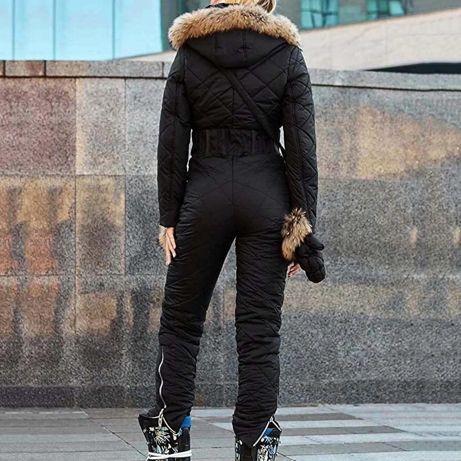 Winter Ski Jumpsuit Down Coats Women Outdoor Puffer Onesie Jackets Hooded Warm One-Piece Zip Up Padded Quilted Coat