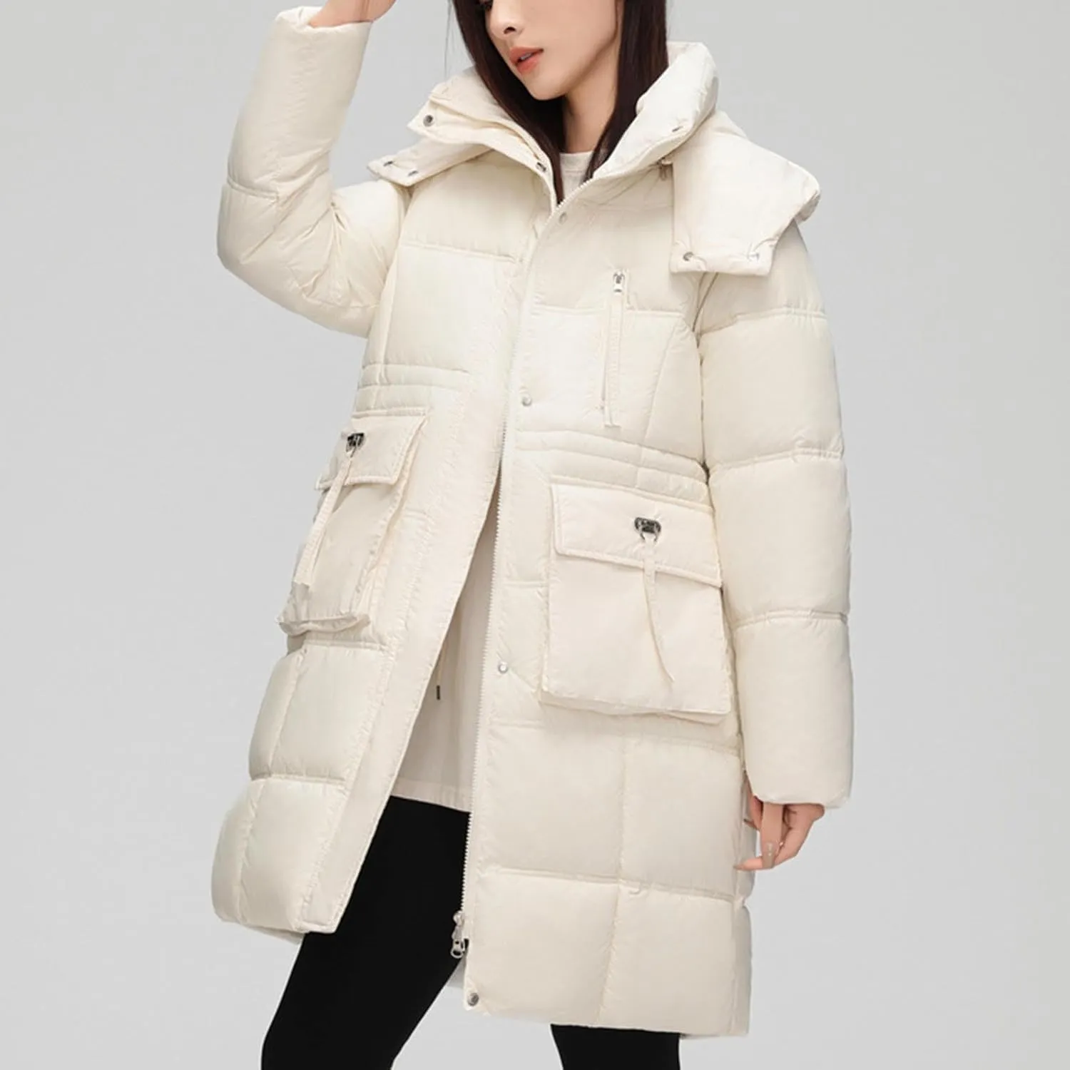 wodceeke Long Hooded Puffer Jacket for Women Winter Warm Down Coats Cotton Padded Windbreaker Overcoat with Removable Hood
