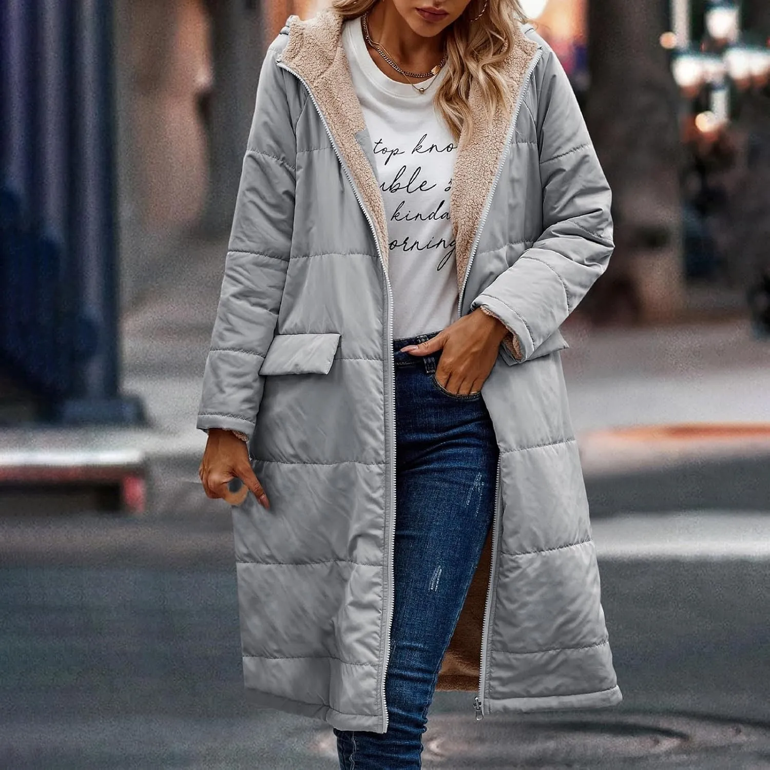 wodceeke Women's Sherpa Lined Winter Coats Long Hooded Parka Puffer Jacket Full Zip Down Oversized Windbreaker Overcoat