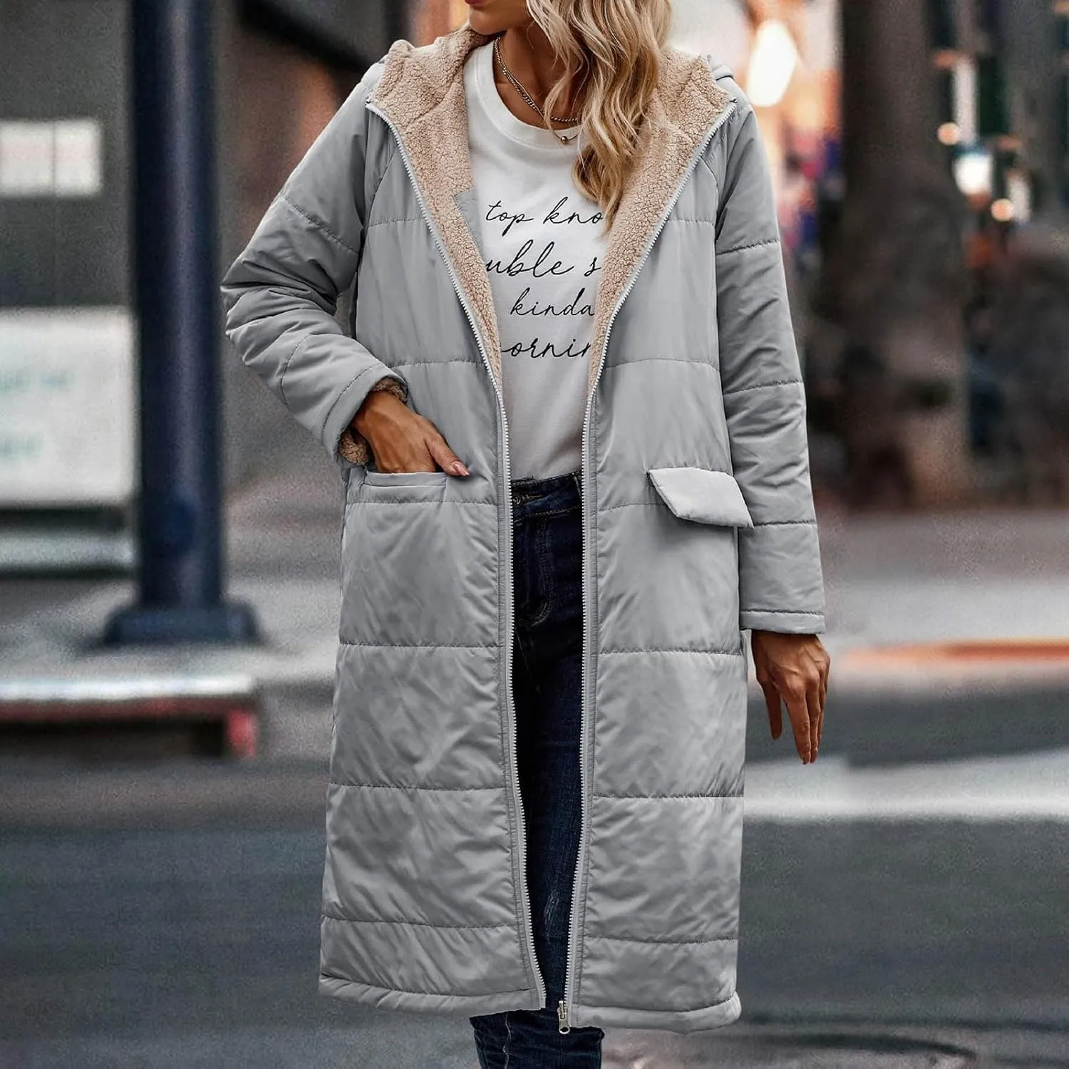wodceeke Women's Sherpa Lined Winter Coats Long Hooded Parka Puffer Jacket Full Zip Down Oversized Windbreaker Overcoat