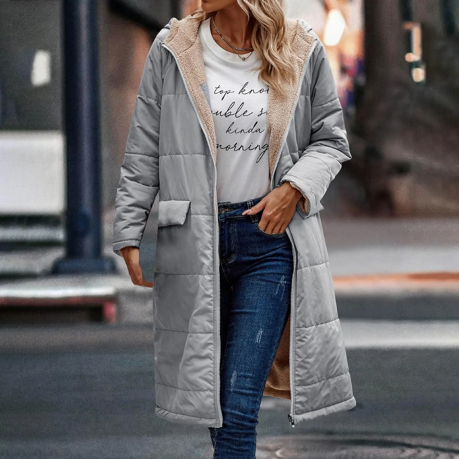 wodceeke Women's Sherpa Lined Winter Coats Long Hooded Parka Puffer Jacket Full Zip Down Oversized Windbreaker Overcoat