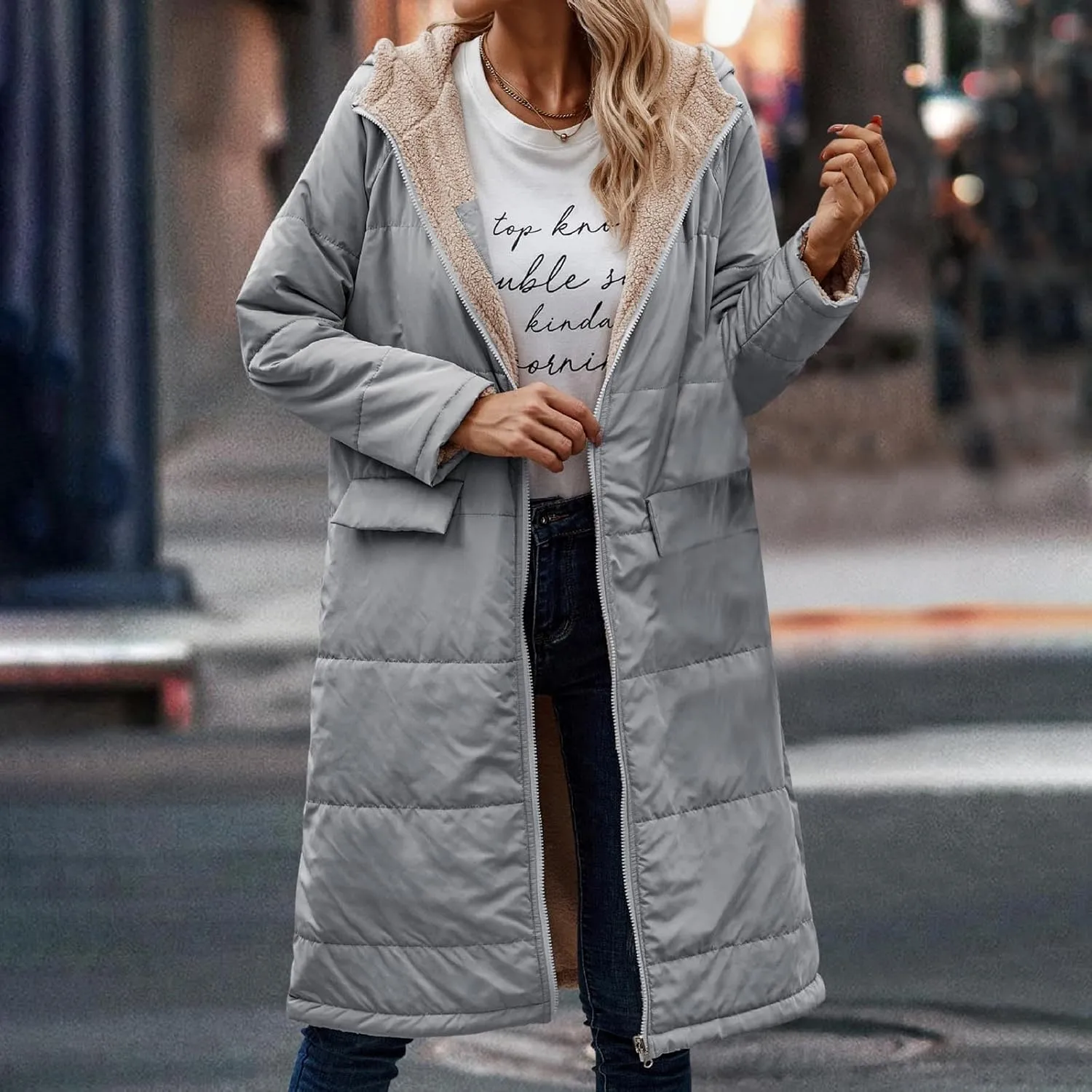 wodceeke Women's Sherpa Lined Winter Coats Long Hooded Parka Puffer Jacket Full Zip Down Oversized Windbreaker Overcoat
