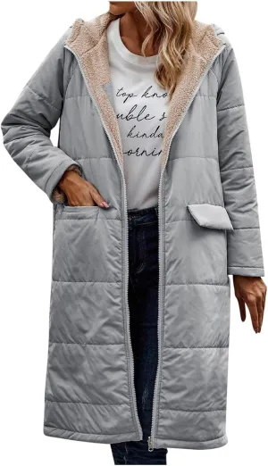 wodceeke Women's Sherpa Lined Winter Coats Long Hooded Parka Puffer Jacket Full Zip Down Oversized Windbreaker Overcoat