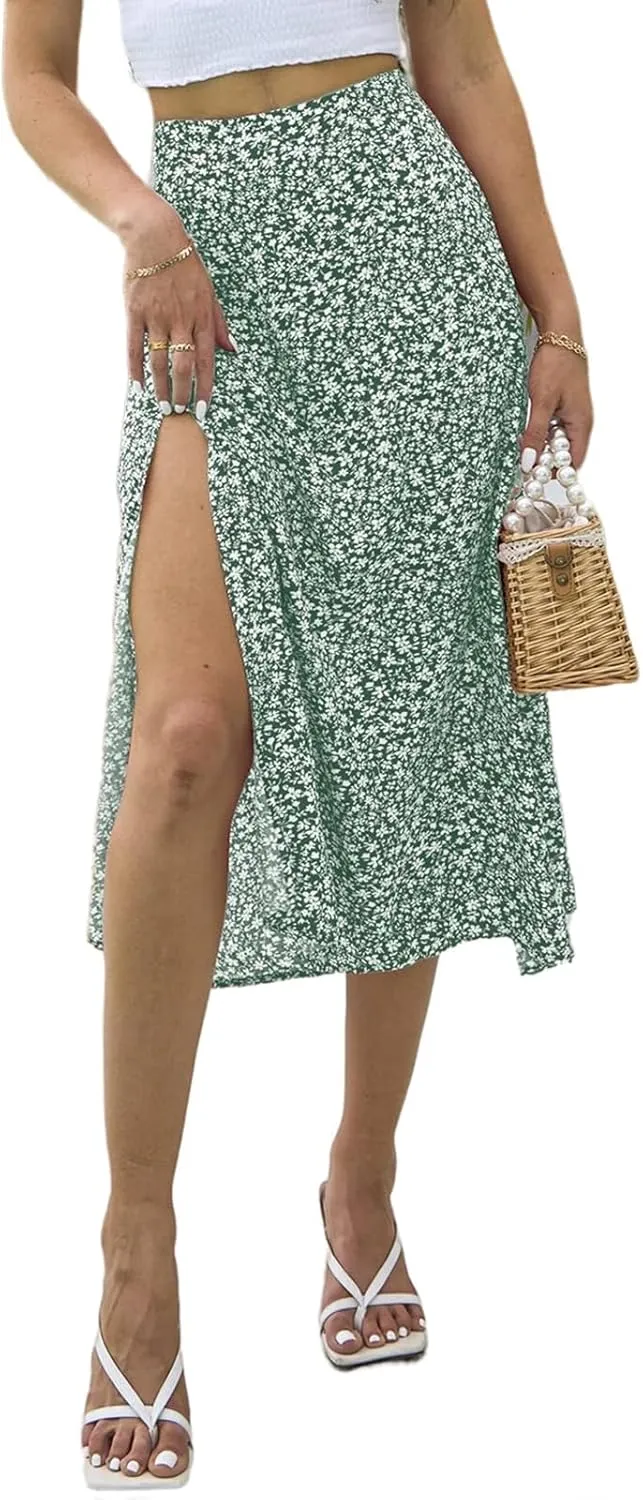 Womens Boho Floral Side Split Skirt Summer Casual High Waisted Midi Skirts 2025 Lightweight A Line Beach Skirt