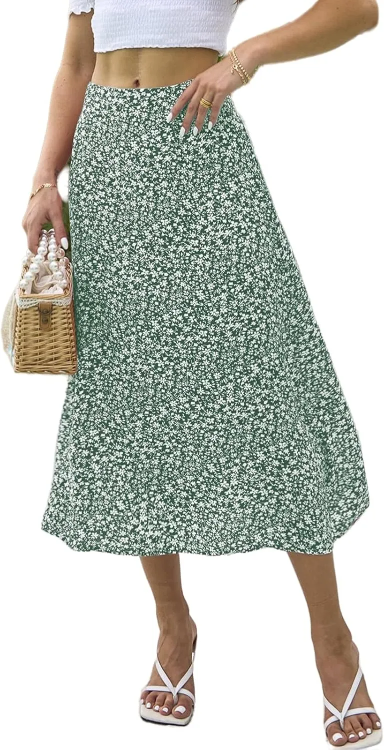 Womens Boho Floral Side Split Skirt Summer Casual High Waisted Midi Skirts 2025 Lightweight A Line Beach Skirt
