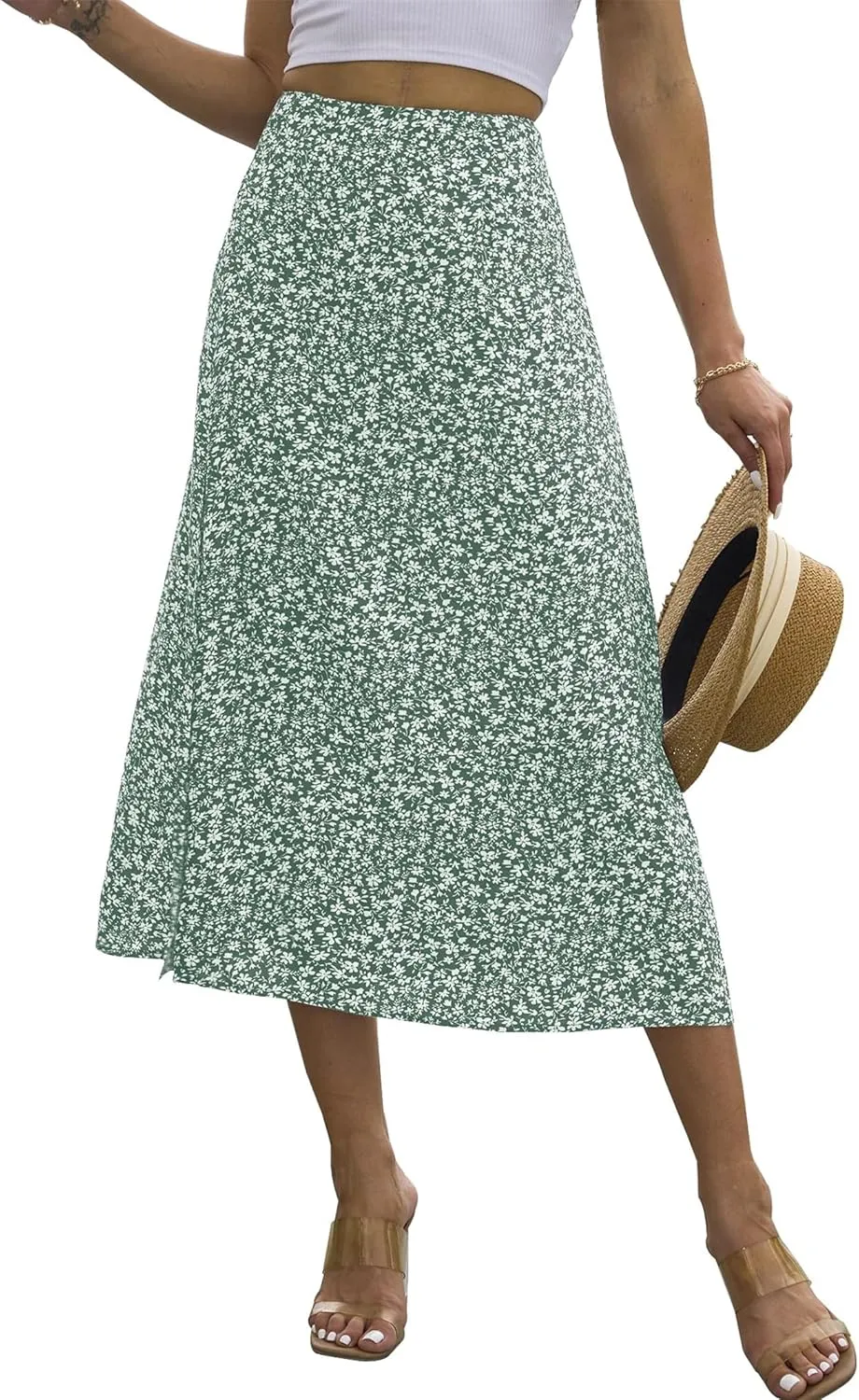 Womens Boho Floral Side Split Skirt Summer Casual High Waisted Midi Skirts 2025 Lightweight A Line Beach Skirt