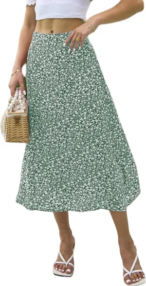 Womens Boho Floral Side Split Skirt Summer Casual High Waisted Midi Skirts 2025 Lightweight A Line Beach Skirt