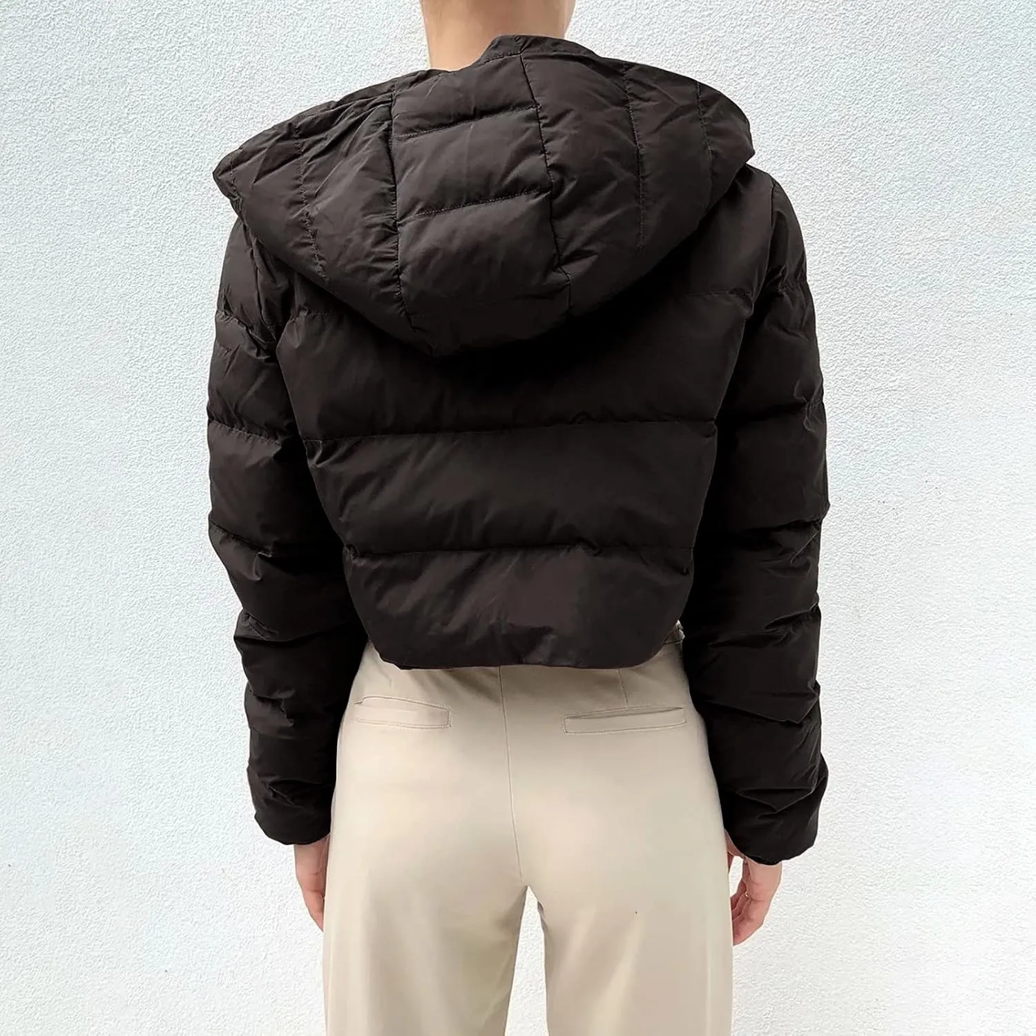Womens Casual Cropped Puffer Jacket Fashion Solid Zipper Cardigan Jacket Thick Warm Long Sleeve Padded Outwear Outfits