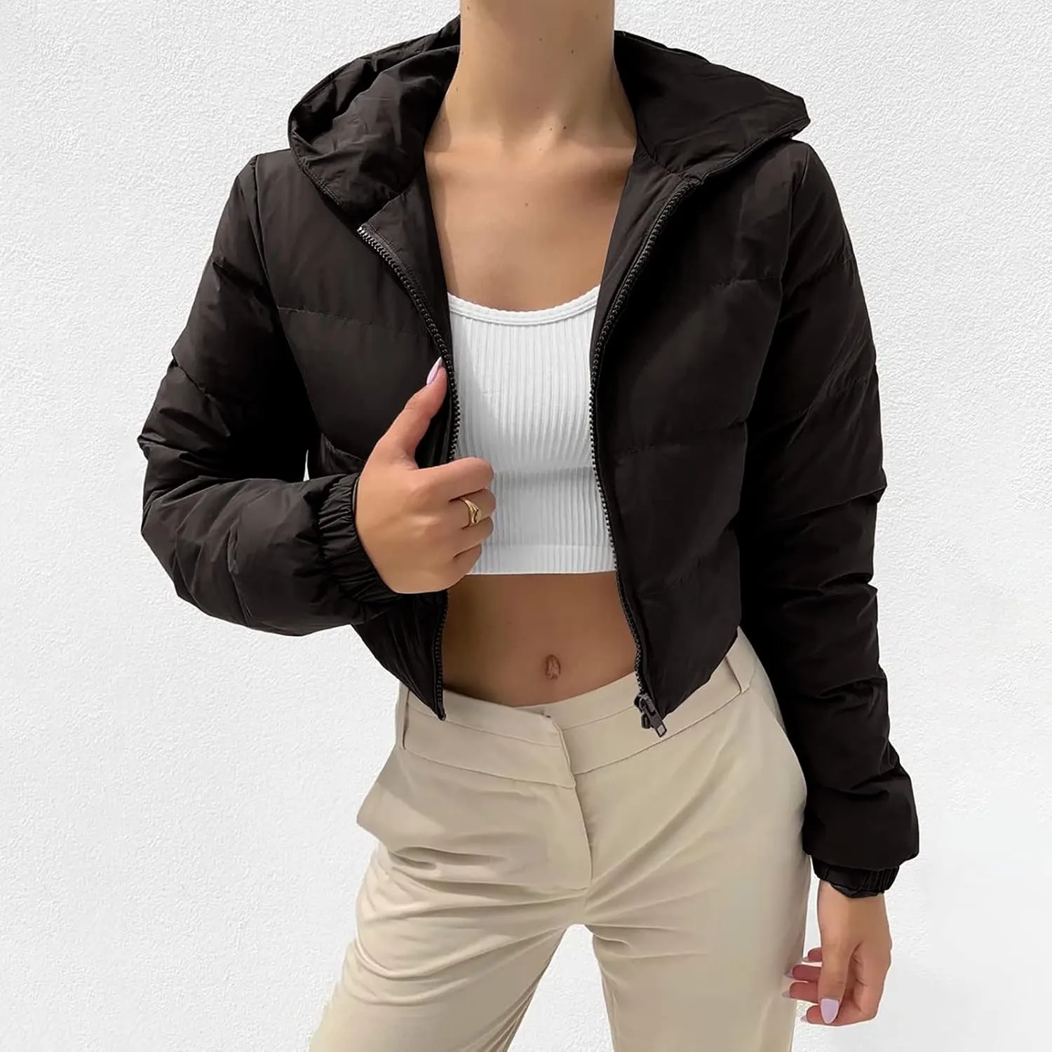 Womens Casual Cropped Puffer Jacket Fashion Solid Zipper Cardigan Jacket Thick Warm Long Sleeve Padded Outwear Outfits
