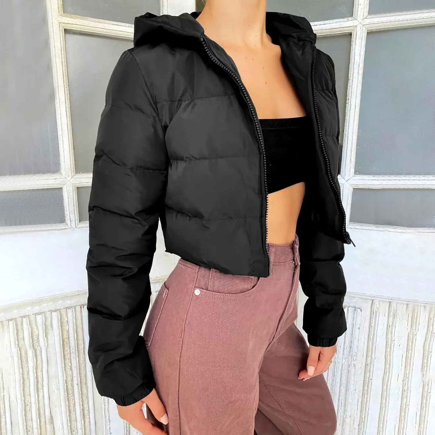 Womens Casual Cropped Puffer Jacket Fashion Solid Zipper Cardigan Jacket Thick Warm Long Sleeve Padded Outwear Outfits