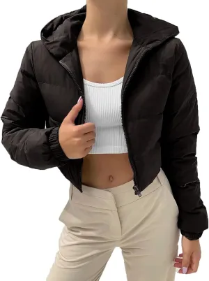 Womens Casual Cropped Puffer Jacket Fashion Solid Zipper Cardigan Jacket Thick Warm Long Sleeve Padded Outwear Outfits