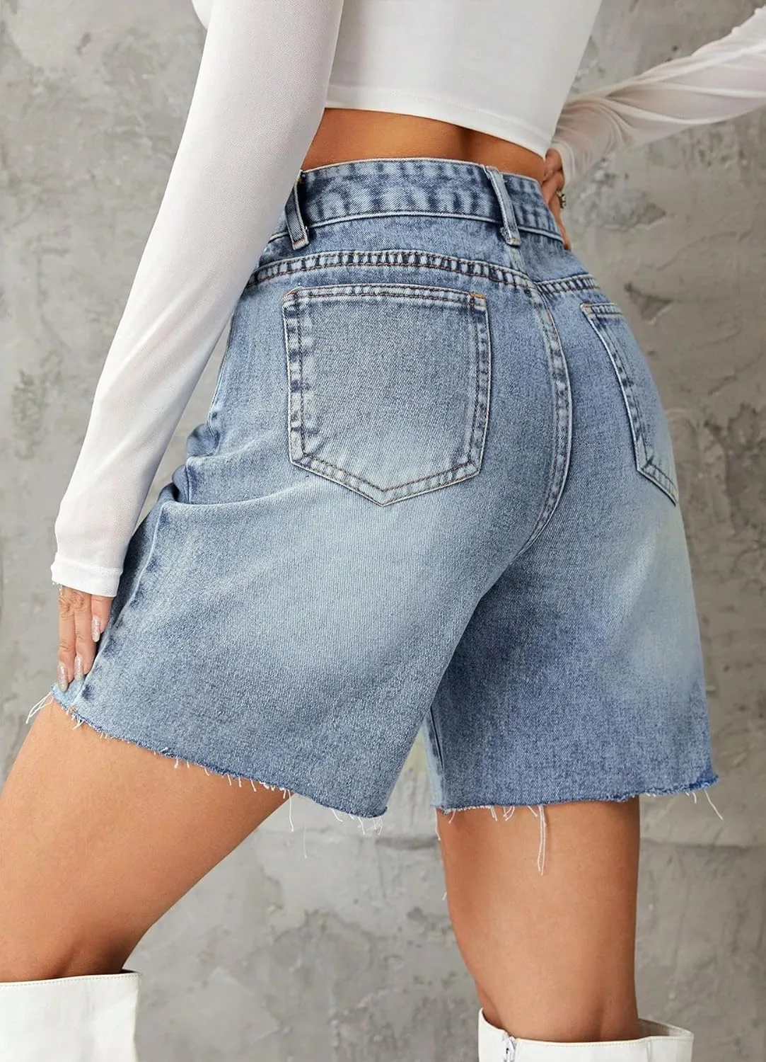 Women's Casual Denim Shorts Summer High Waist Stretchy Retro Loose Fit Straight Leg Jean Shorts with Pockets