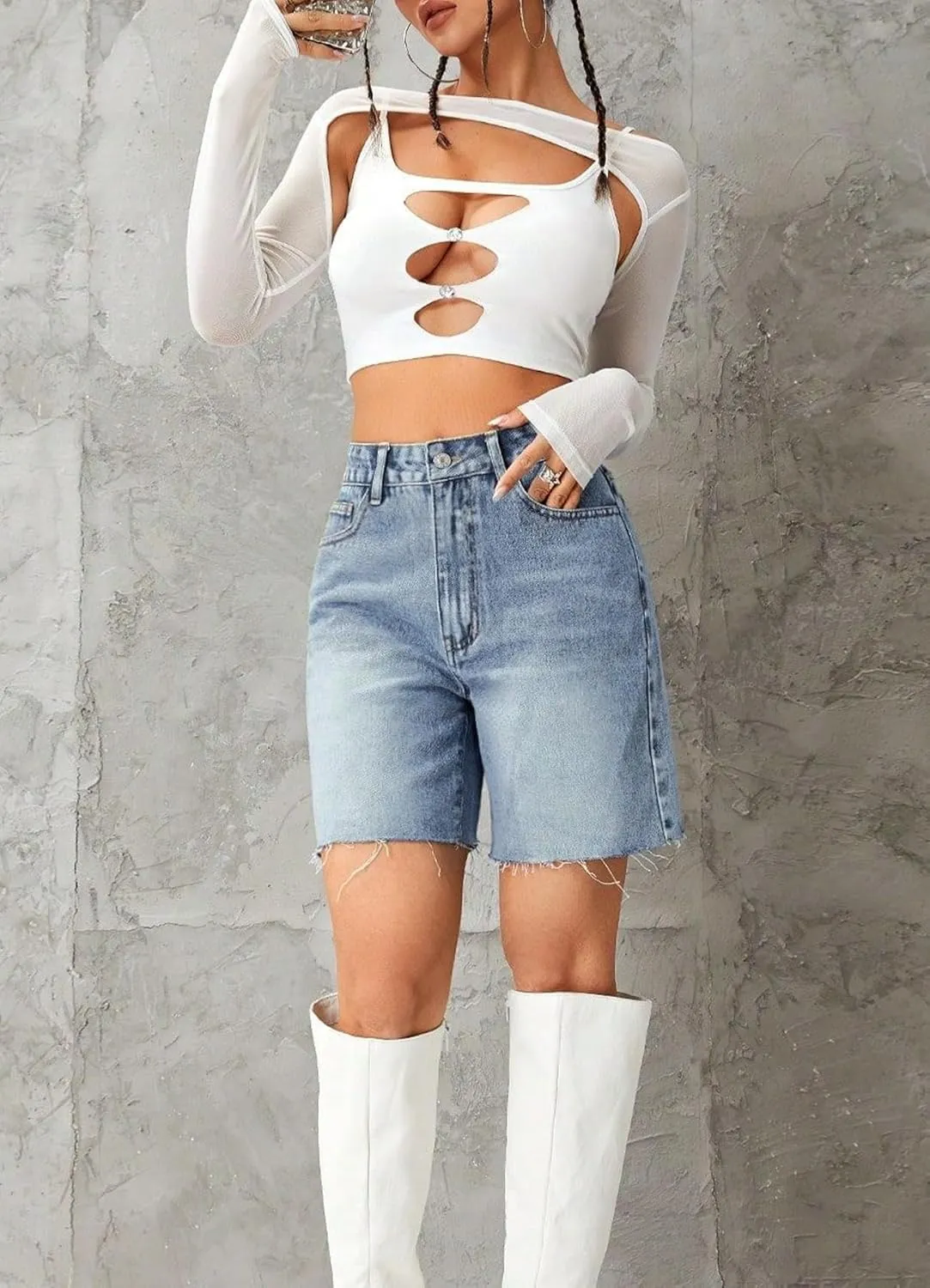 Women's Casual Denim Shorts Summer High Waist Stretchy Retro Loose Fit Straight Leg Jean Shorts with Pockets