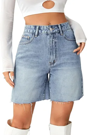 Women's Casual Denim Shorts Summer High Waist Stretchy Retro Loose Fit Straight Leg Jean Shorts with Pockets