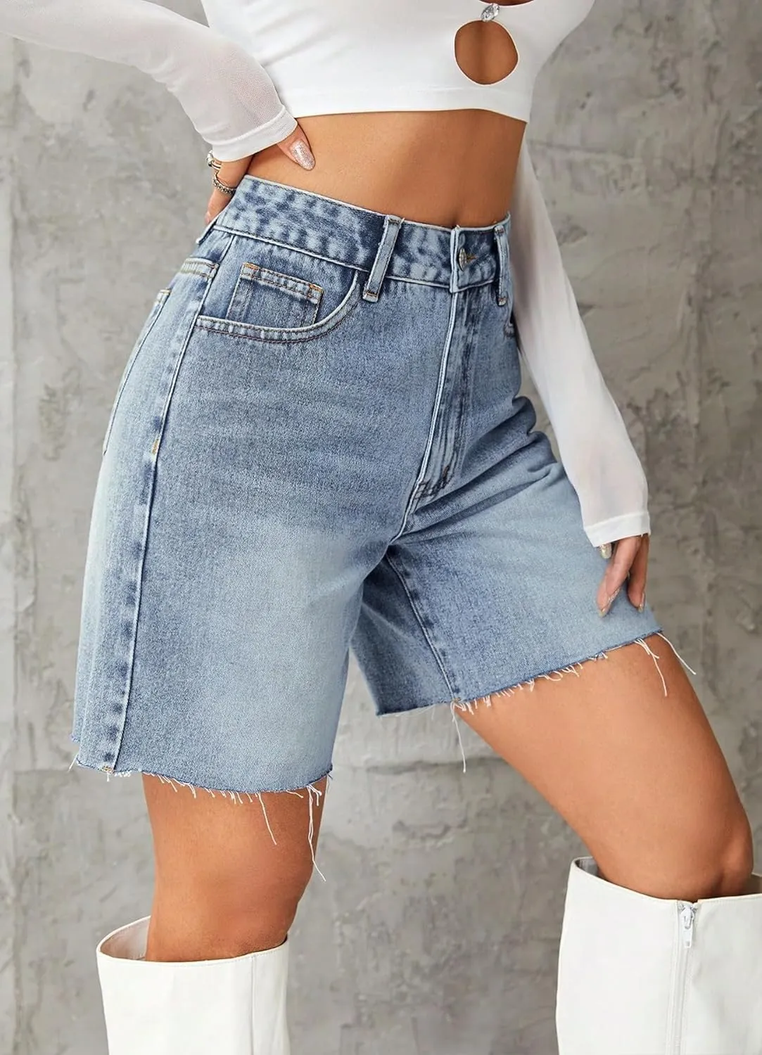 Women's Casual Denim Shorts Summer High Waist Stretchy Retro Loose Fit Straight Leg Jean Shorts with Pockets