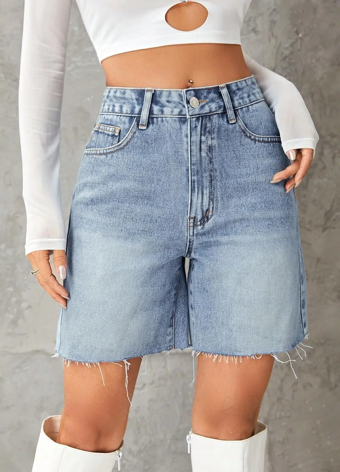 Women's Casual Denim Shorts Summer High Waist Stretchy Retro Loose Fit Straight Leg Jean Shorts with Pockets