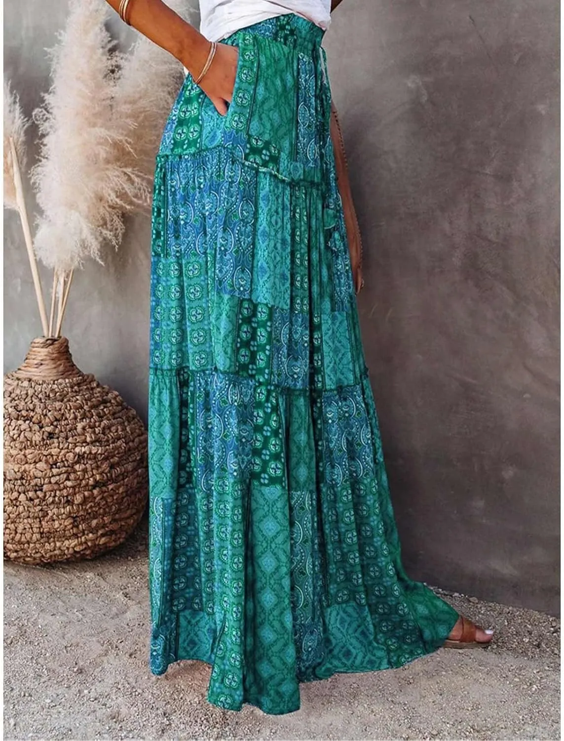 Womens Casual High Waist Long Skirt Trendy Tiered Pleated Maxi Skirts Summer Boho Flowy A Line Ruffle Skirt