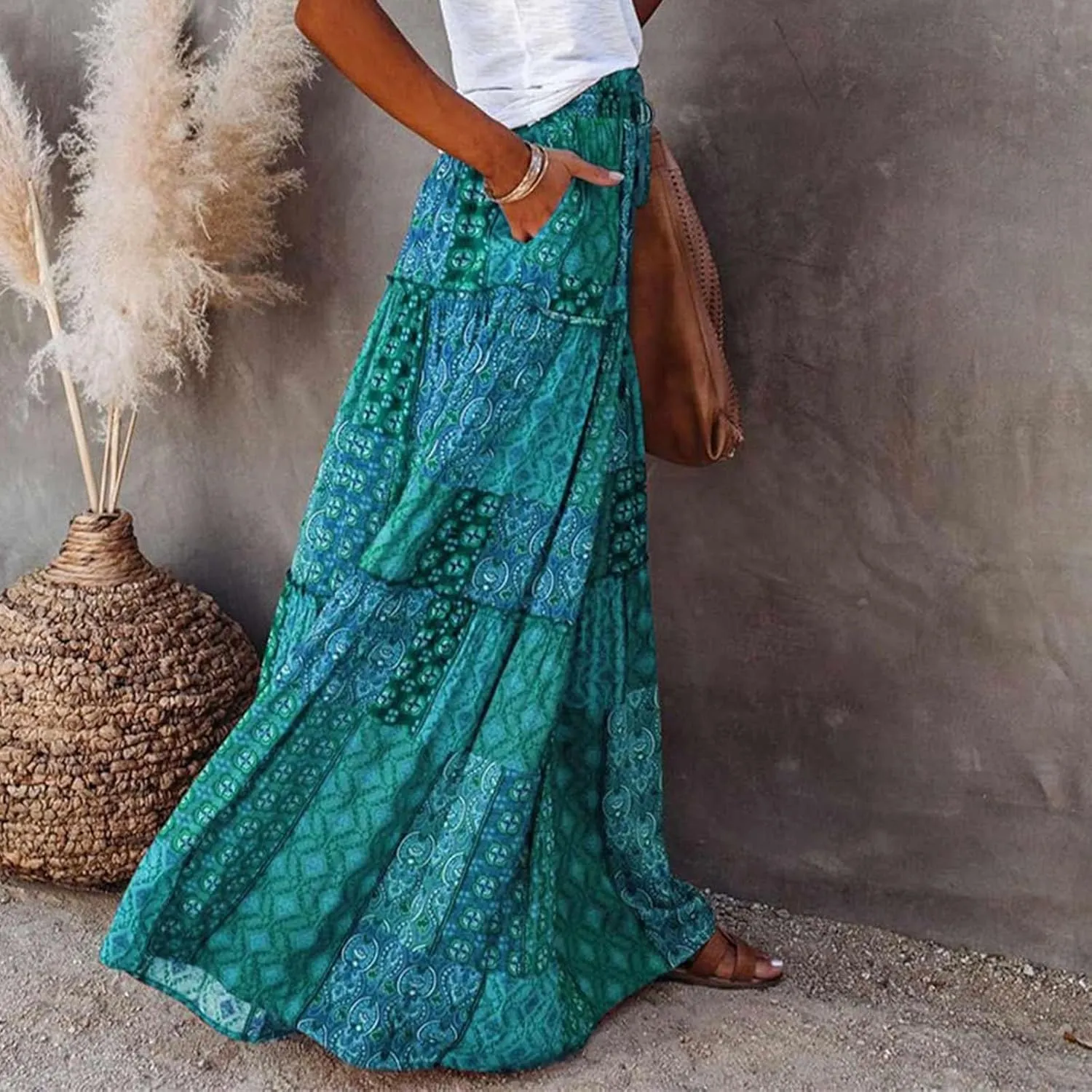 Womens Casual High Waist Long Skirt Trendy Tiered Pleated Maxi Skirts Summer Boho Flowy A Line Ruffle Skirt