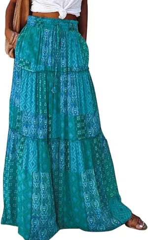 Womens Casual High Waist Long Skirt Trendy Tiered Pleated Maxi Skirts Summer Boho Flowy A Line Ruffle Skirt