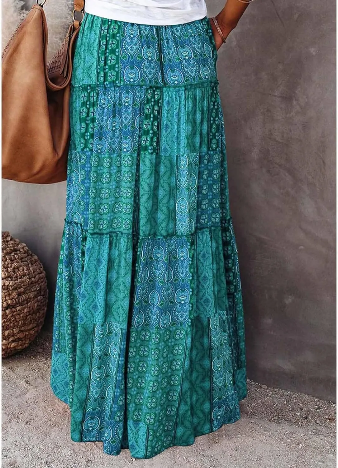 Womens Casual High Waist Long Skirt Trendy Tiered Pleated Maxi Skirts Summer Boho Flowy A Line Ruffle Skirt