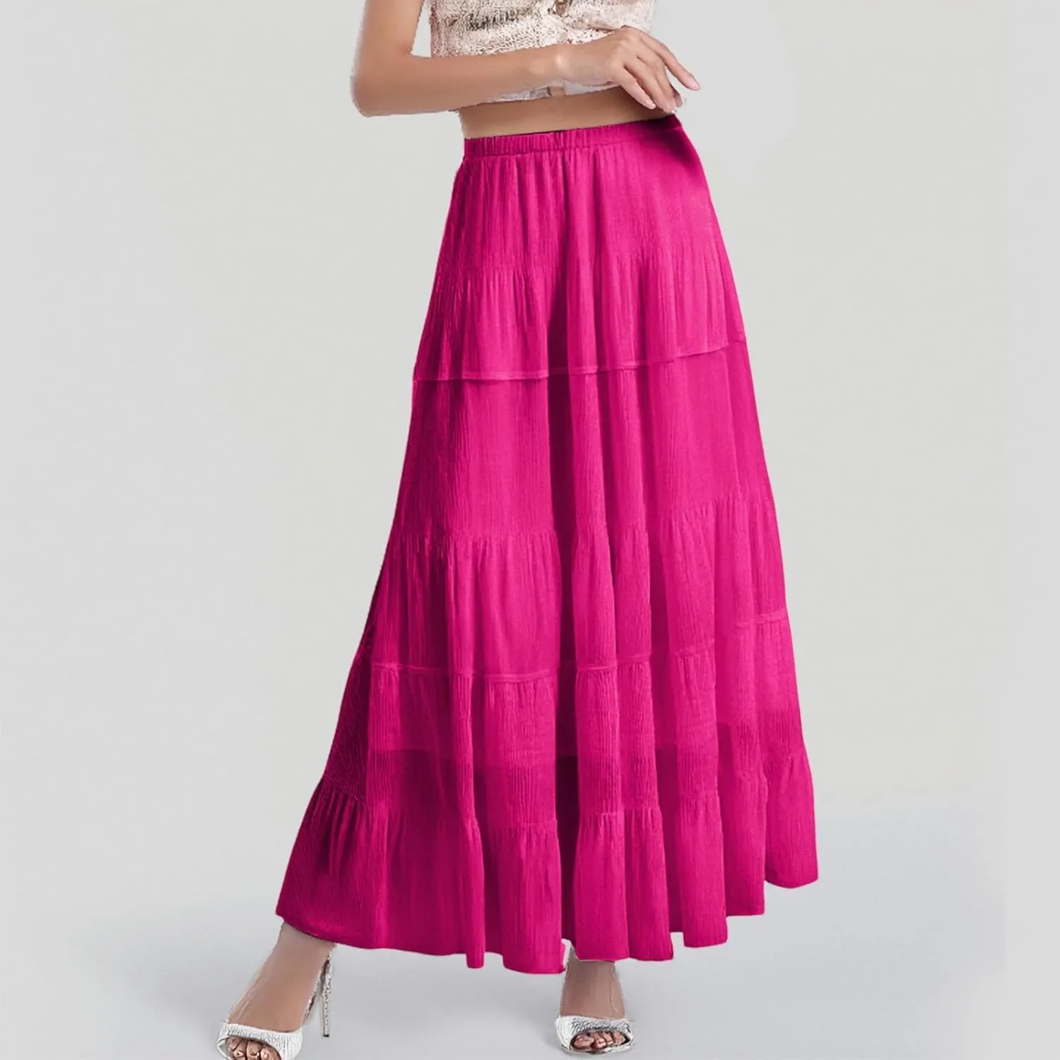 Women's Chiffon White Flowy Maxi Skirts Boho Summer Elastic Waisted Pleated A Line Long Skirt for Women 2025