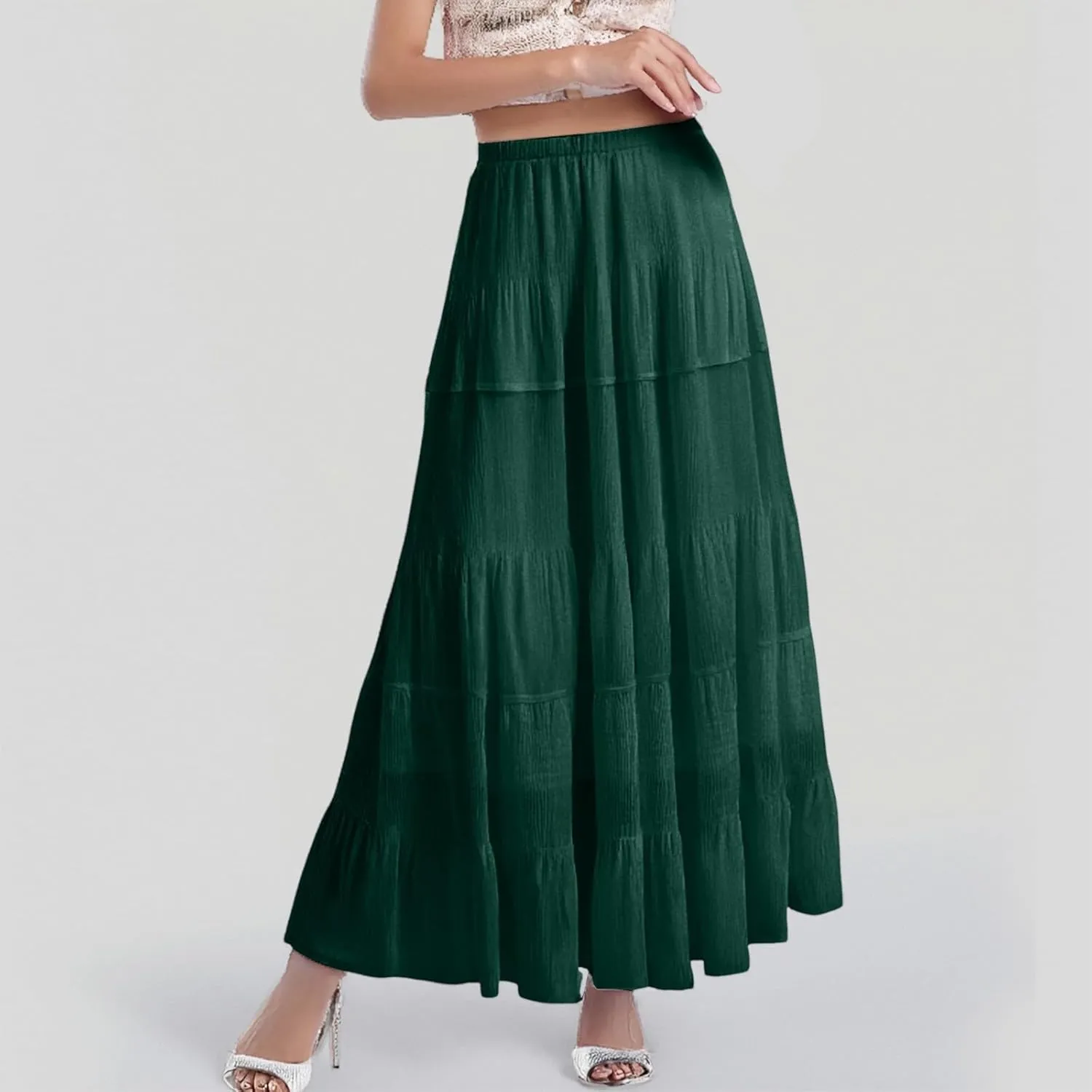 Women's Chiffon White Flowy Maxi Skirts Boho Summer Elastic Waisted Pleated A Line Long Skirt for Women 2025