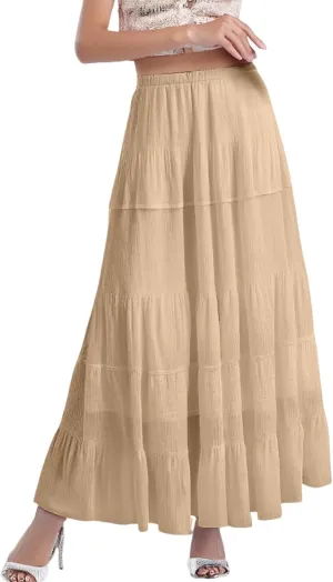 Women's Chiffon White Flowy Maxi Skirts Boho Summer Elastic Waisted Pleated A Line Long Skirt for Women 2025