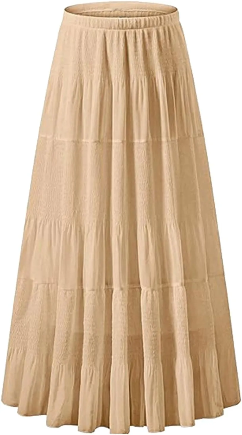 Women's Chiffon White Flowy Maxi Skirts Boho Summer Elastic Waisted Pleated A Line Long Skirt for Women 2025
