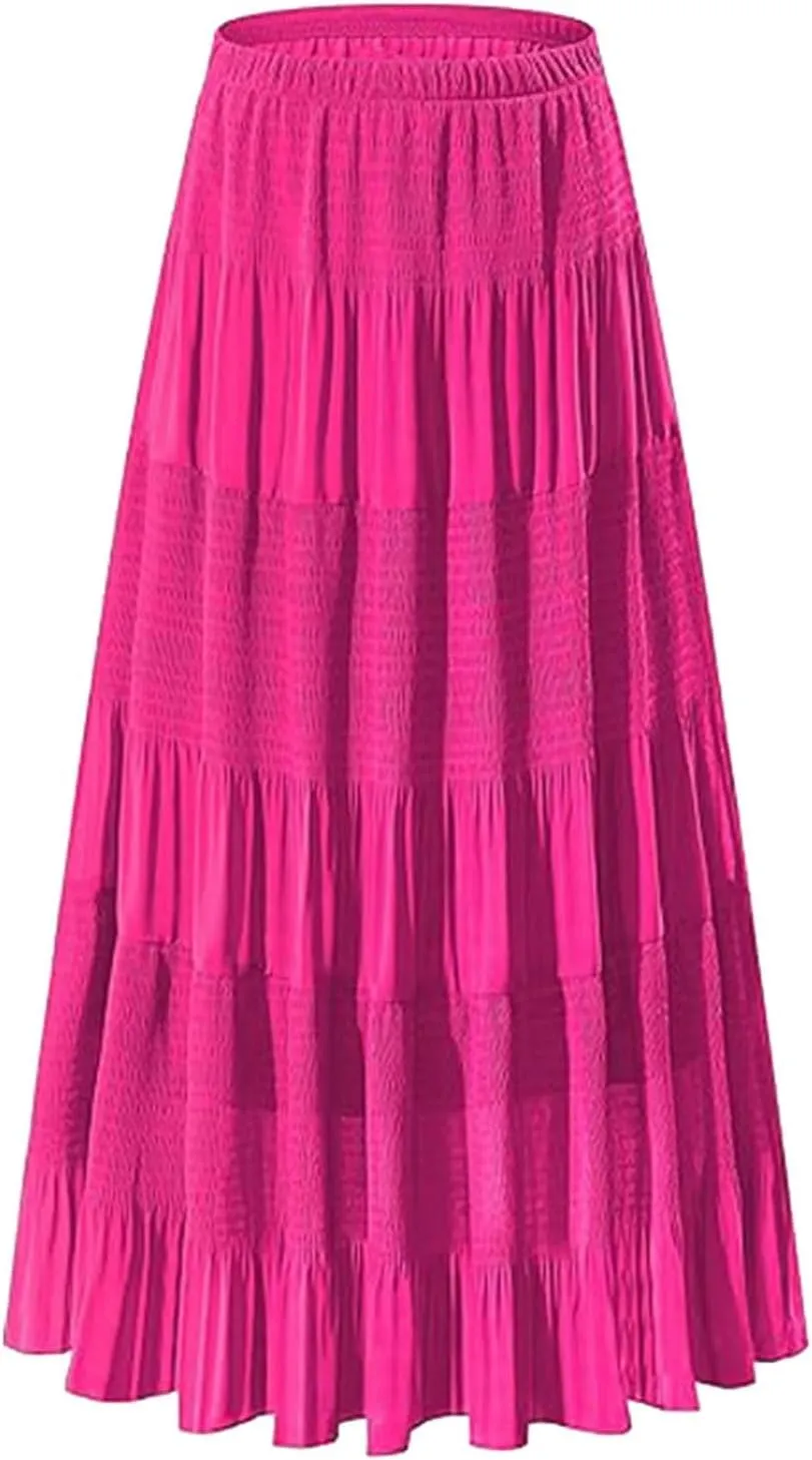 Women's Chiffon White Flowy Maxi Skirts Boho Summer Elastic Waisted Pleated A Line Long Skirt for Women 2025