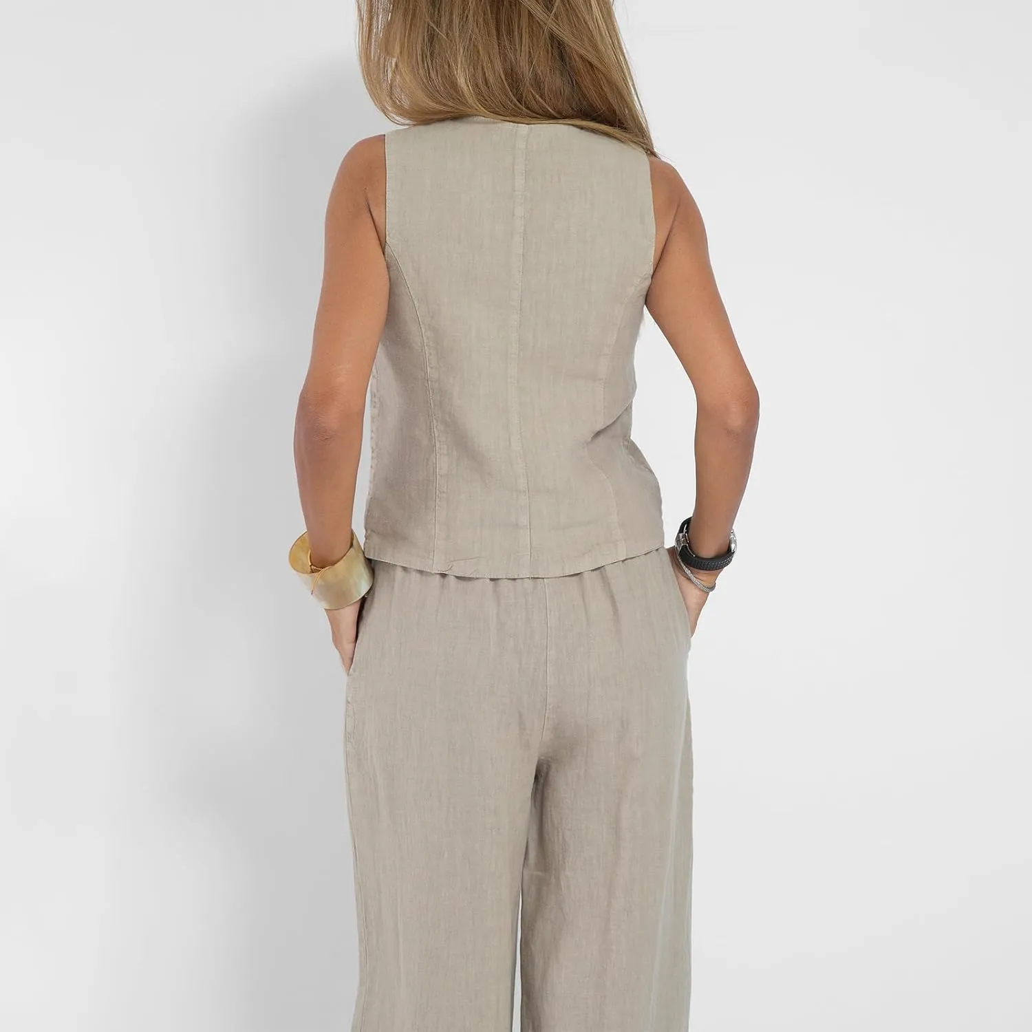Womens Cotton Linen 2 Piece Outfit Sleeveless Suit Button V-Neck Vest and Wide Leg Pants Casual Blazer Matching Sets